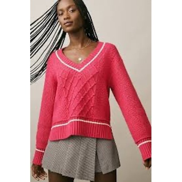 Maeve Sweaters - Maeve Anthropologie Hot Pink Cable Knit V-Neck Tipped Varsity Sweater Medium